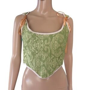 Y2K Style Damask Jacquard Corset Green Top Lace Up Renaissance Bustier S